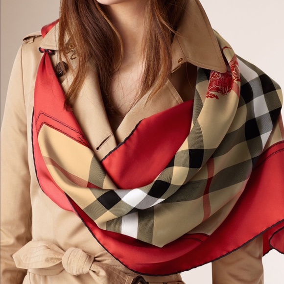 Display # 1 Burberry Scarf House Check Beige Red Border Logo Silk Wrap - Picture 12 of 16